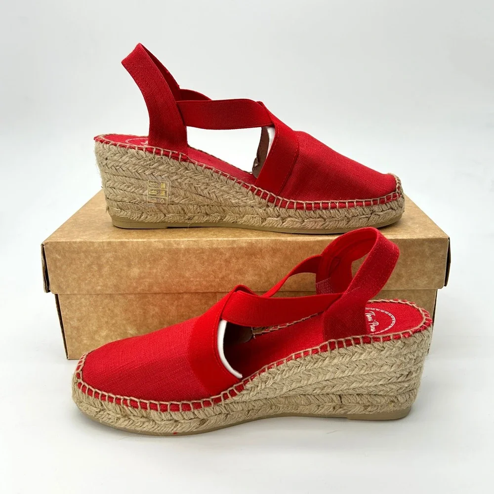 Womens Vegan Wedge Espadrilles Toni Pons Ter Sz 6.5 Red Hand Stitched Sandal NEW